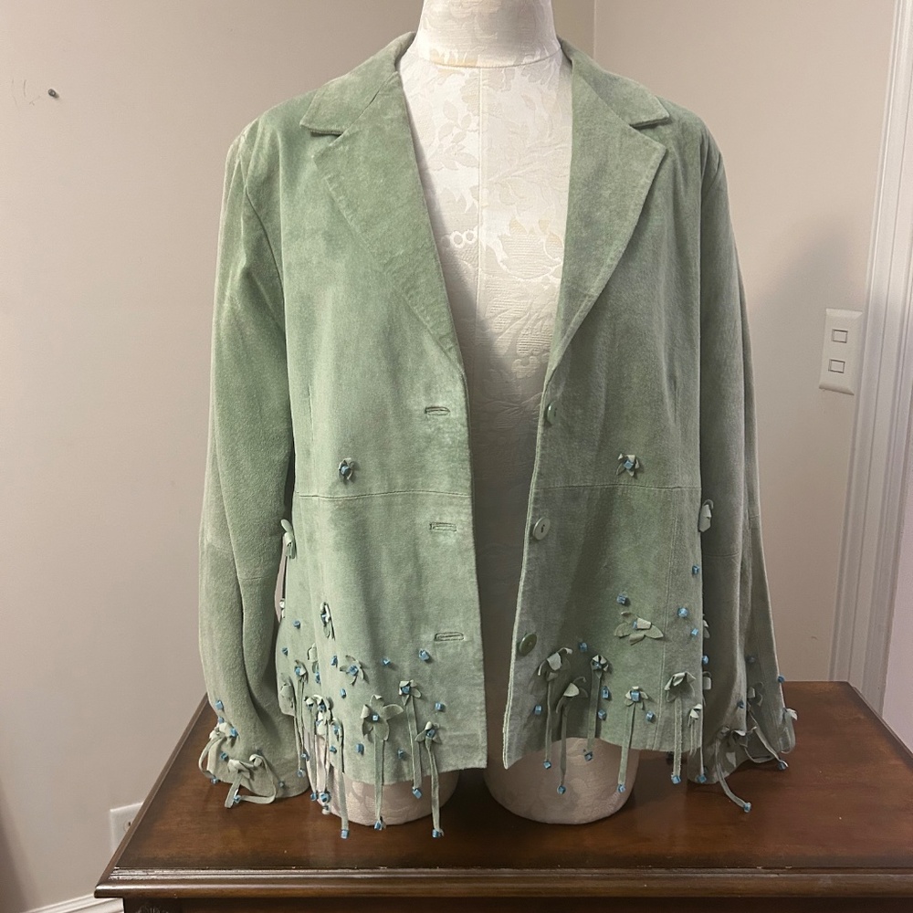Victor Costa Silky Soft, Cozy  Light Green Suede Jacket with Fringe